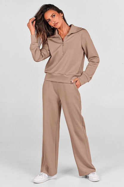 Women's Outfits Casual Lapel Half Zip Sweatshirts And Wide Leg Pants Tracksuit Sets