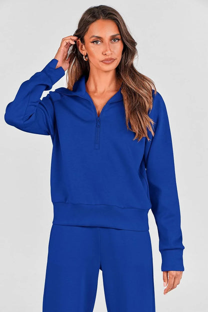 Women's 2 Piece Outfits Casual Lapel Half Zip Sweatshirts And Wide Leg Pants Tracksuit Sets