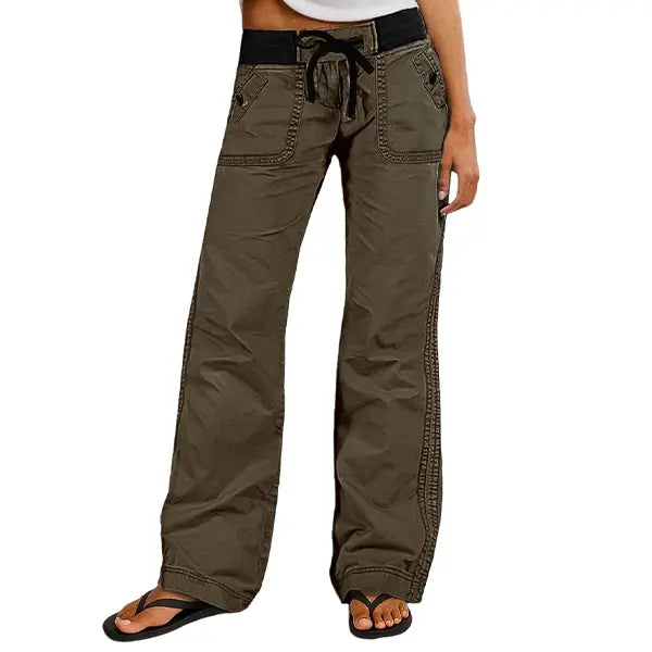 Solid Seam Detail Drawstring Mid Rise Straight Leg Pants