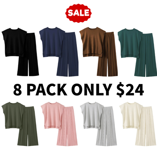 Women Two Piece Outfits Knit Cap Sleeve Tops Wide Leg Pleated Pants