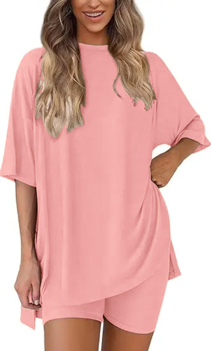 🔥Women's Two Piece Lounge Set Summer Casual Oversized Shirts Biker Shorts Matching Airport Travel Outfit