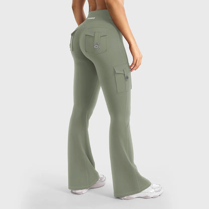 Women's Workout Flare Leggings with Pockets Hidden Scrunch High Waisted Cargo Gym Yoga No Front Seam Leggings Flared Joggers Fitness Outfit Camouflage Sports Pants