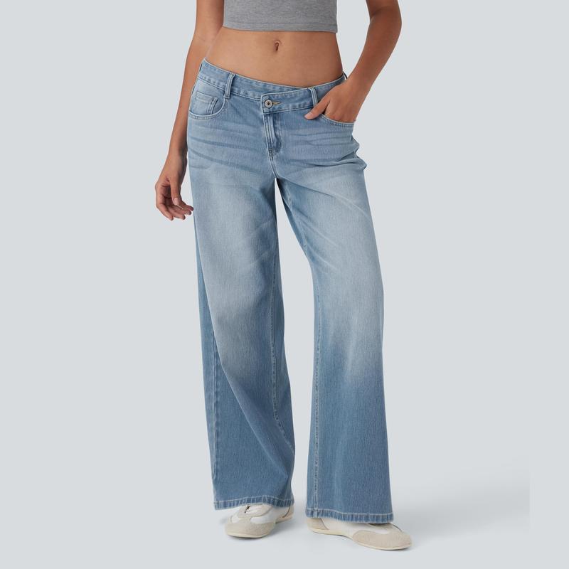 🔥5 Pack-Women's  Asymmetric Low Rise Zipper Pockets Baggy Wide Leg Washed Casual Jeans