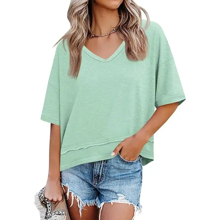 Womens Short Sleeve Shirts Summer V Neck Casual Top