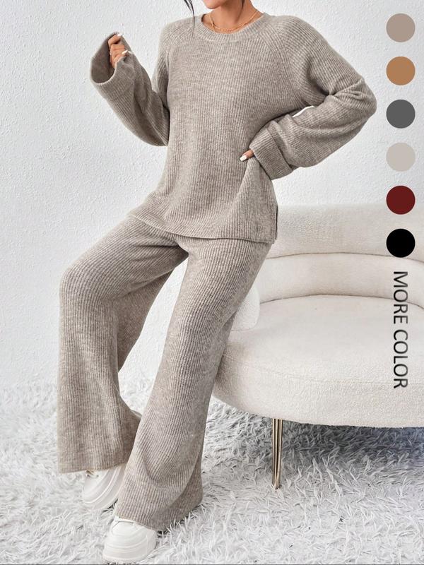 Women's Oversize Raglan Sleeve Split Sweater & Elastic Waist Pants Set