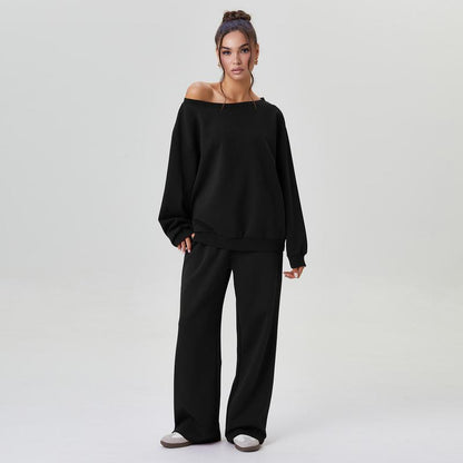 💘 Valentine’s Day Sale 💘Women's casual solid-color scoop-neck long-sleeved top and wide-leg pants set, comfortable curved-neck loose two-piece clothing set