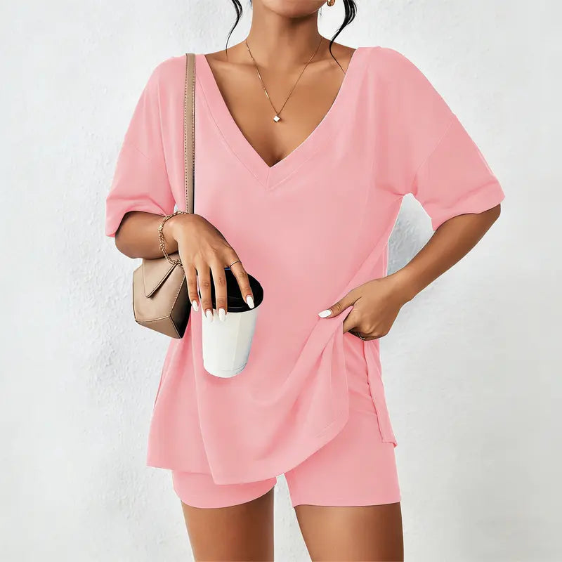 V-neck Two-Piece Pajama Set For Women Summer Casual Oversized Split Hem Shirts