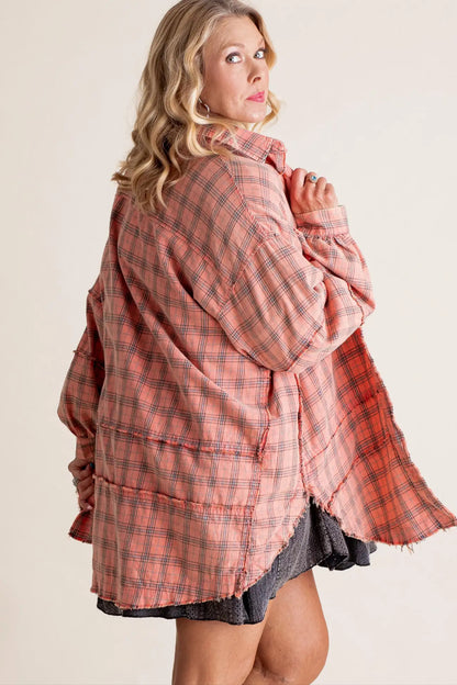 ⏰Hot Sale-Women's Seams Raw Edge Washed Oversized Shirt Jacket with Pockets 🔥New arrivals at special price🔥
