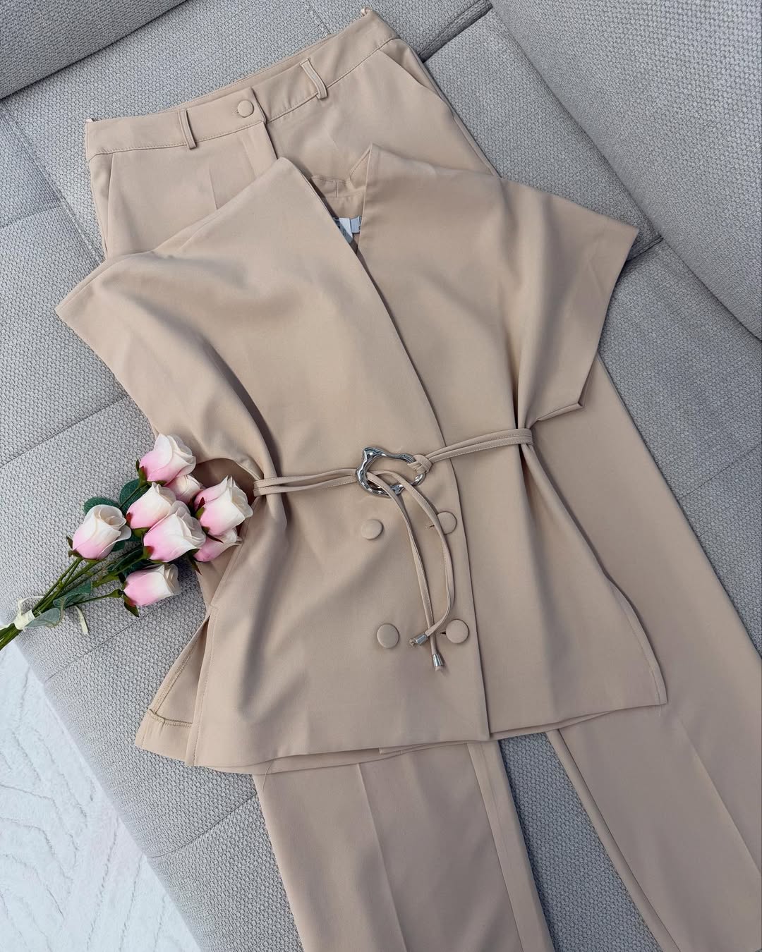 Solid Color Casual Button Vest & Pants Set