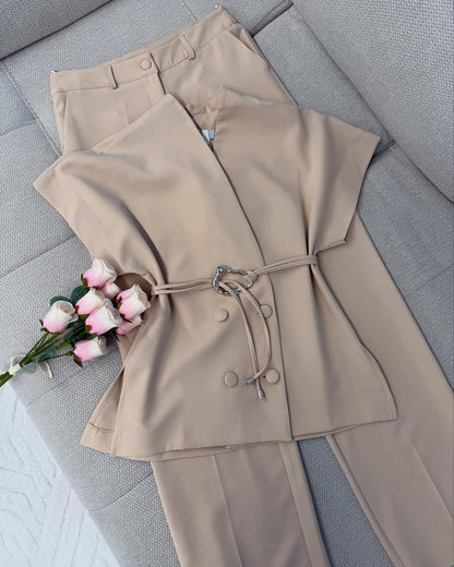 Solid Color Casual Button Vest & Pants Set
