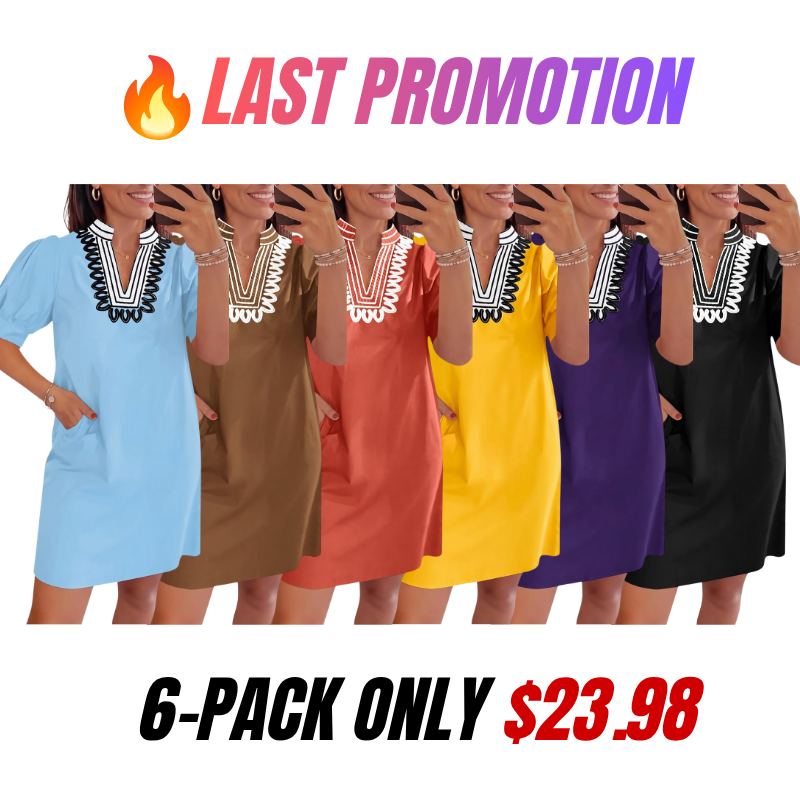Womens Summer V Neck Shift Dresses Puff Short Sleeve Casual Dress