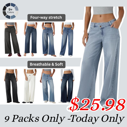 💘 Valentine’s Day Sale 💘 Flex Low-Rise Asymmetric Baggy Wide-Leg Washed Jeans with Zipper Pockets
