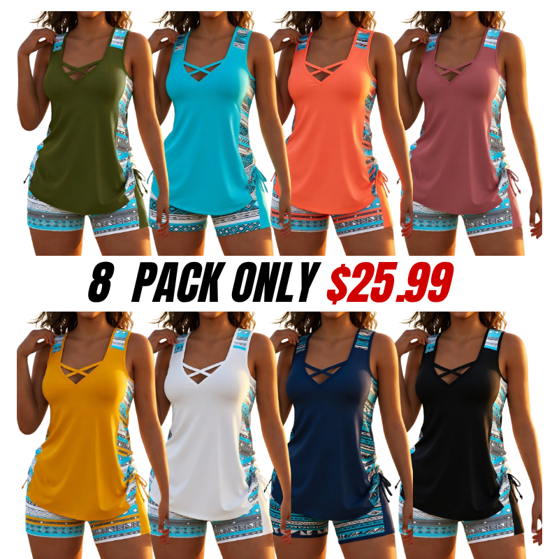 Women's Crisscross Neck Tankini Set with Boyshorts & Built-In Bra