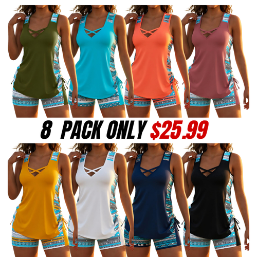 Women's Crisscross Neck Tankini Set with Boyshorts & Built-In Bra