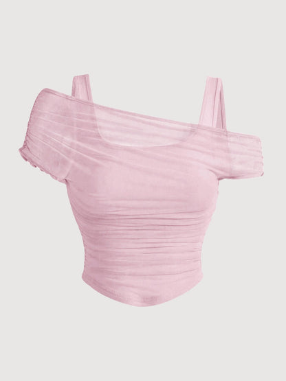 Women's Asymmetric Neckline Ruched Crop Top