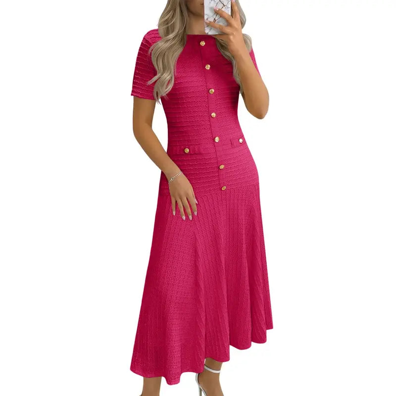 Womens Midi Dress Summer Casual Short Sleeve Crewneck Button Decor