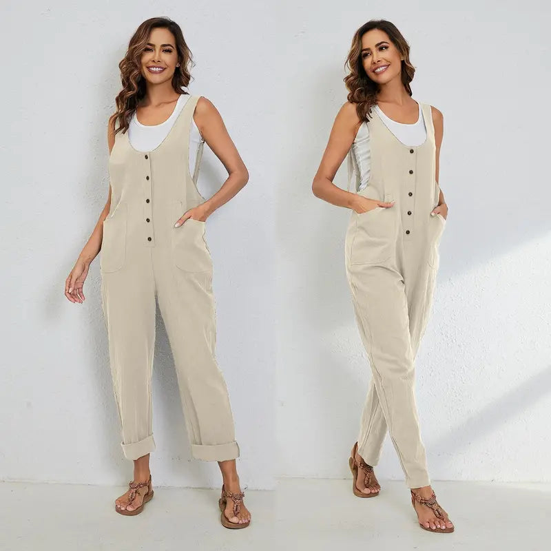 Womens Overalls Cotton Linen Loose Jumpsuits