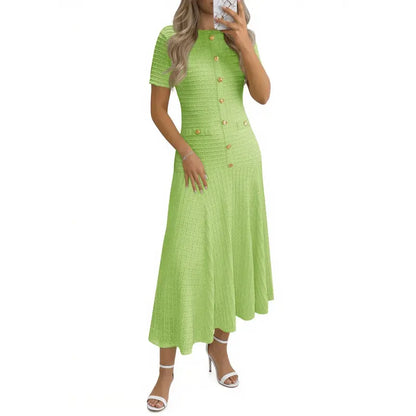 Womens Midi Dress Summer Casual Short Sleeve Crewneck Button Decor