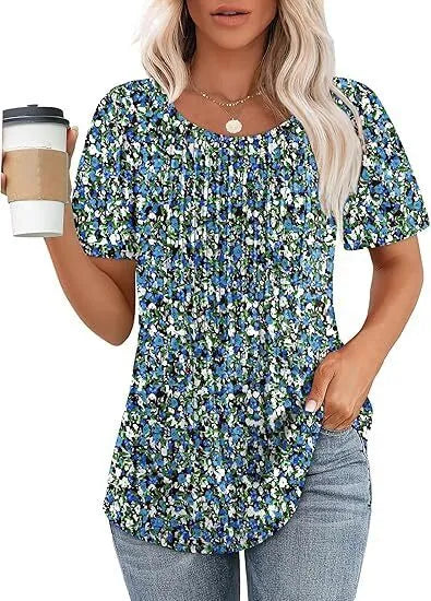 Women's T Shirts Short Sleeve Pleated Dressy Casual Scooped Neck Summer Tops Blouses