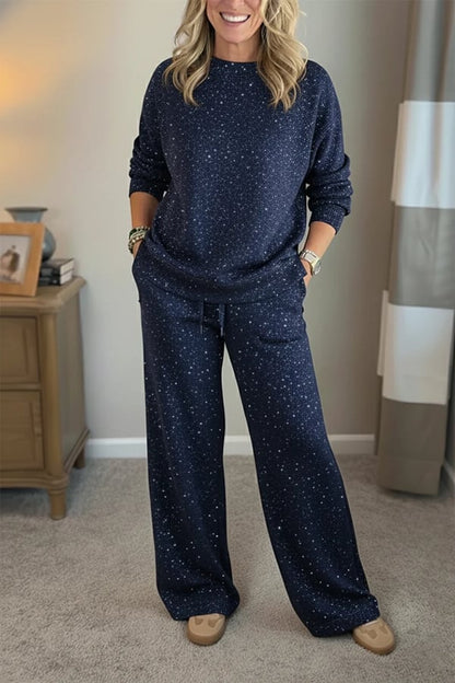 Women Round Neck Hot Diamond Flash Solid Color Casual Suit