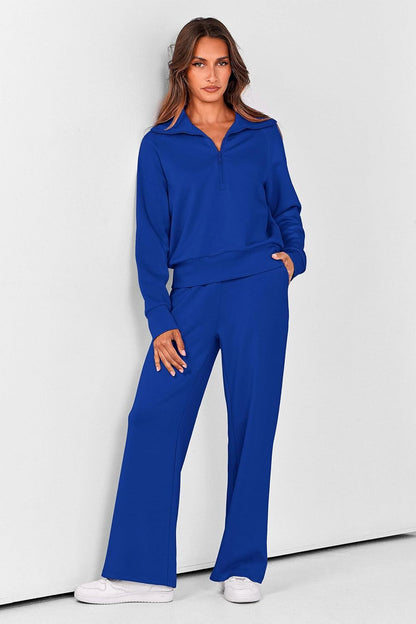 Women's Outfits Casual Lapel Half Zip Sweatshirts And Wide Leg Pants Tracksuit Sets