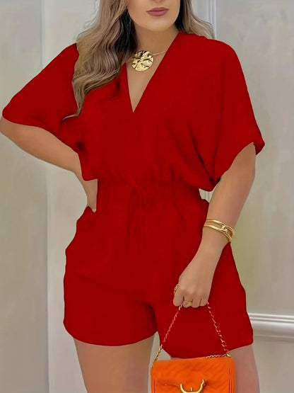 Women's Plain Drawstring Shirred Waist Fitted V Neck Romper