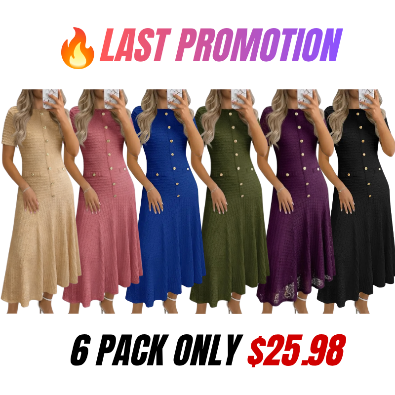Womens Midi Dress Summer Casual Short Sleeve Crewneck Button Decor