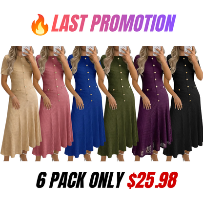 Womens Midi Dress Summer Casual Short Sleeve Crewneck Button Decor