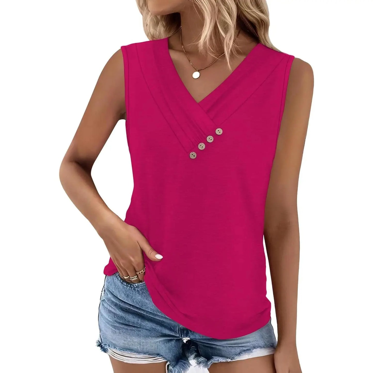 Last day discount🔥🔥Women Summer Button Down V Neck T Shirts Sleeveless Loose Fit Fashion Tops