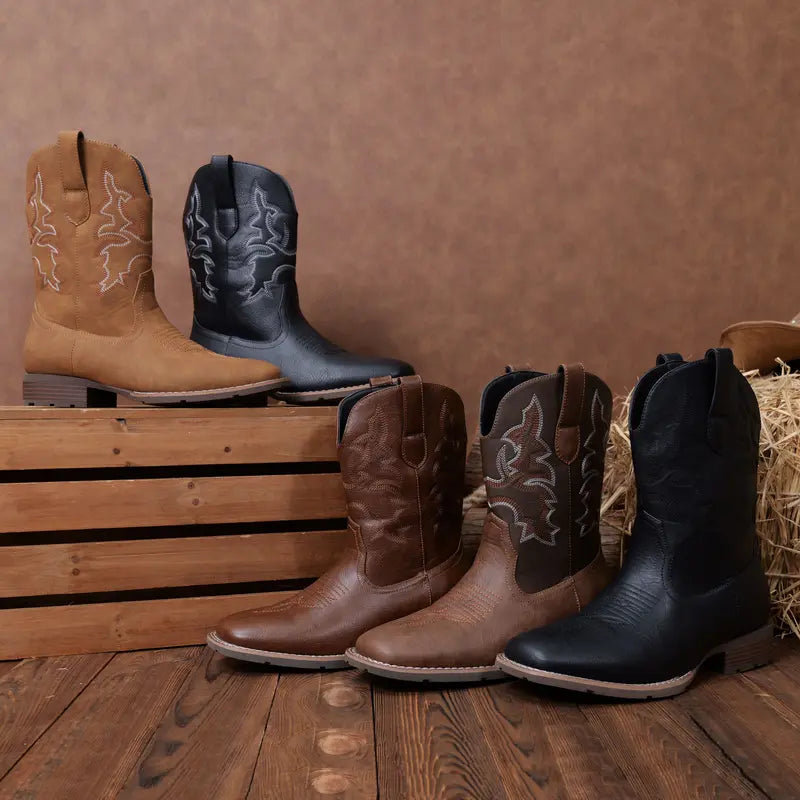 Men's Embroidered Western Square Toe Ankle Boots