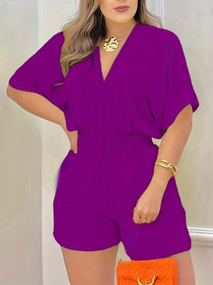Women's Plain Drawstring Shirred Waist Fitted V Neck Romper