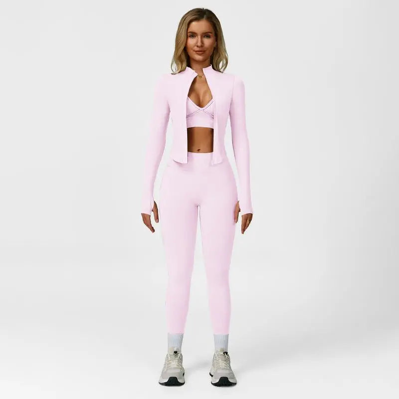 Women's Solid Criss Cross Crop Tank Top & High Waist Leggings & Zip Up Crop Jacket Tracksuit Set