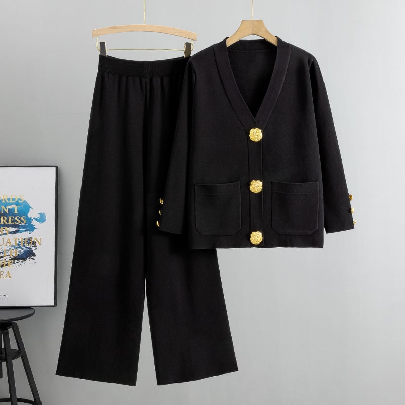 Imsgurus💓Fashion Metal Button Knit Wool Sweater Wide Leg Pants Set