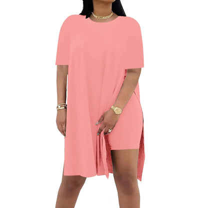 Plus Size Summer Outfit Side Slit Tunic Top & Biker Shorts Set