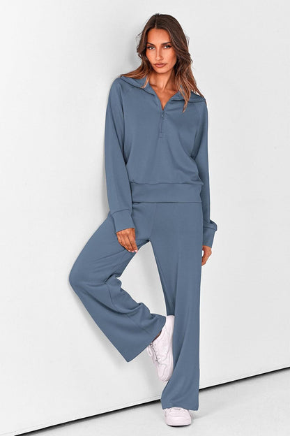 Women's Outfits Casual Lapel Half Zip Sweatshirts And Wide Leg Pants Tracksuit Sets