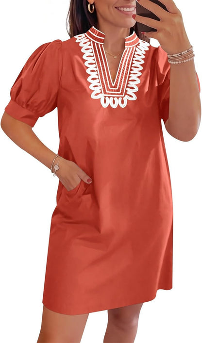 Womens Summer V Neck Shift Dresses Puff Short Sleeve Casual Dress