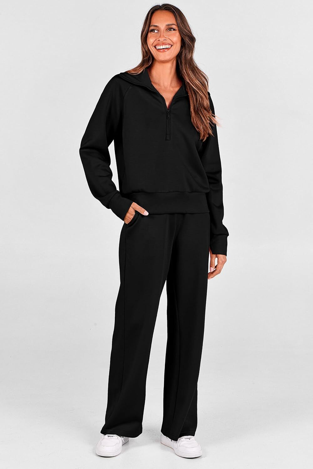 Women's Outfits Casual Lapel Half Zip Sweatshirts And Wide Leg Pants Tracksuit Sets