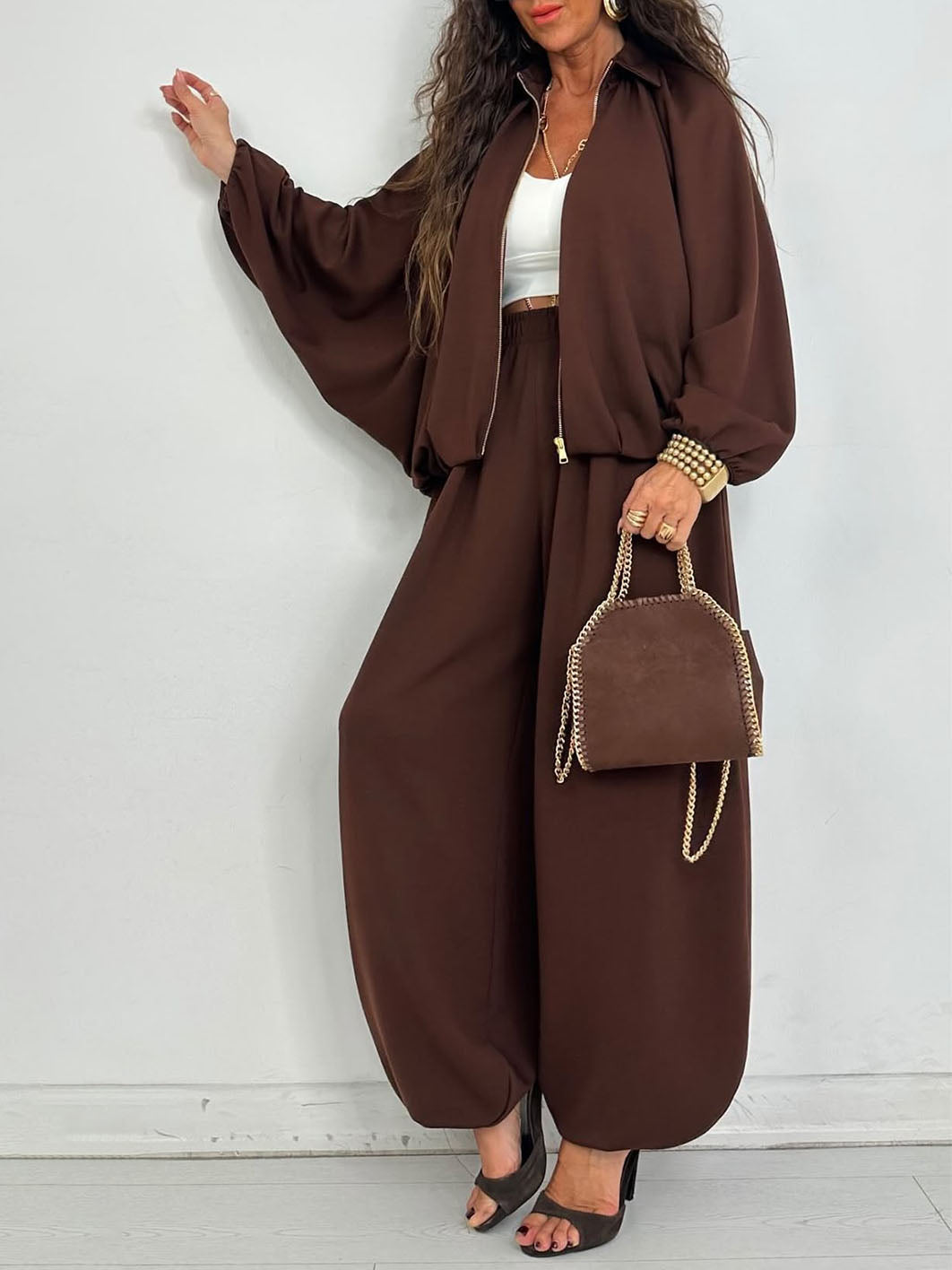 Casual Zipper Cardigan + Bloomer Pants Set