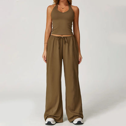 Women's Quick-Drying Athleisure Outfits - Adjustable V-Neck Strappy Top & Wide Leg Pants