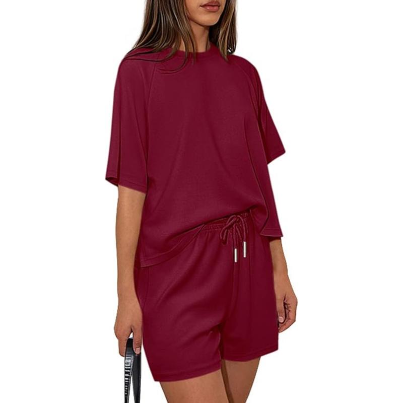 Women‘s Lounge Sets Short Sleeve Shirts Workout Tops Shorts Matching Clothing Summer Vacation Outfits
