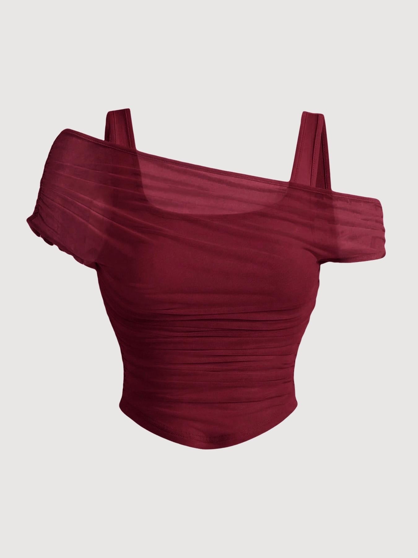 Women's Asymmetric Neckline Ruched Crop Top