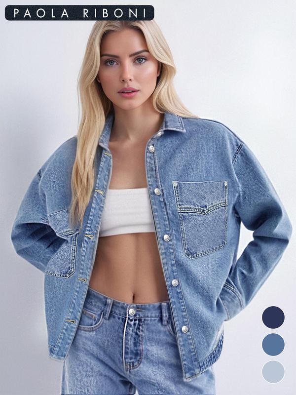 Women's Plain Button Front Drop Shoulder Curved Hem Denim Jacket
