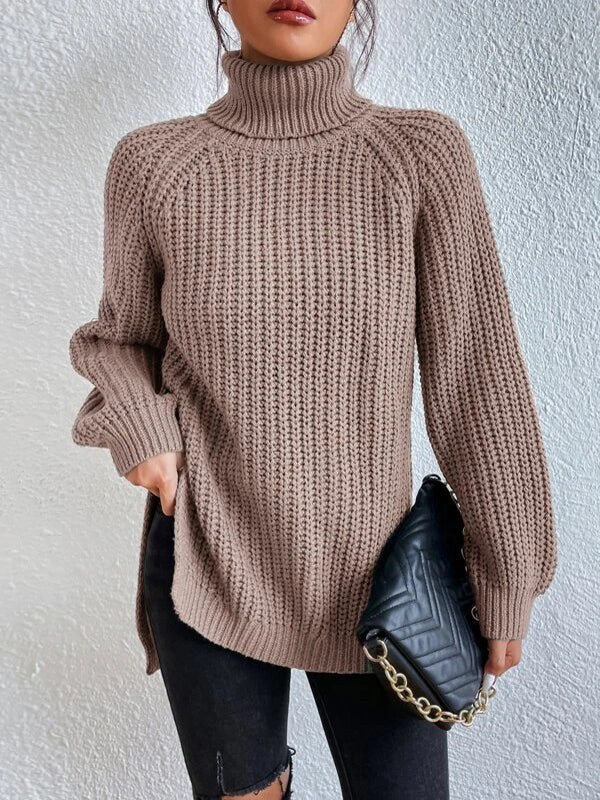 💥Last day only $37.99📢 Long Sleeves Loose Solid Color Split-Side High Neck Pullovers Sweater Tops