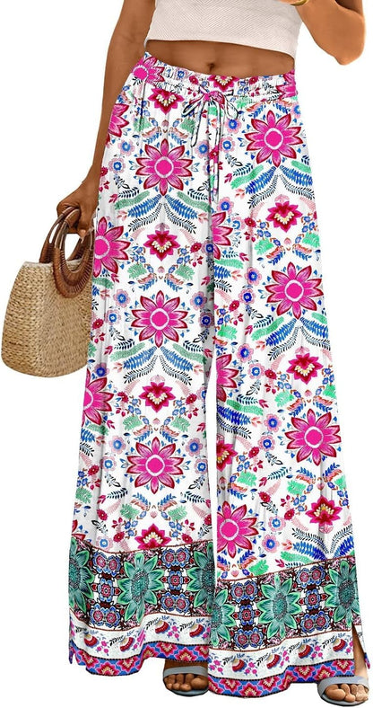 Women Summer Flowy Wide Leg Pants Drawstring Elastic Waist Casual Lounge Beach Palazzo Trouser with Pockets