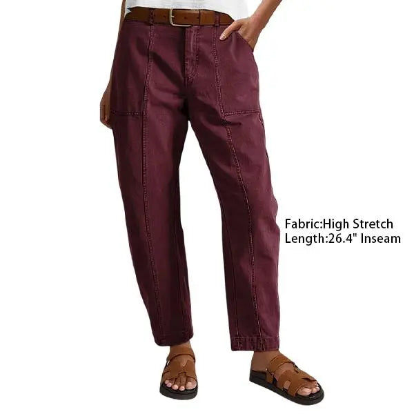 Solid Stitch Detail Mid Waist Baby Barrel Fit Deep Pockets Pants