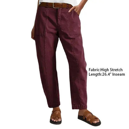 Solid Stitch Detail Mid Waist Baby Barrel Fit Deep Pockets Pants