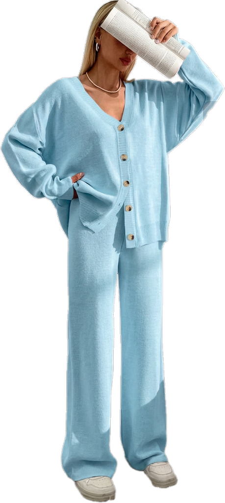 ⏰Final 2-Hour Clearance⚡ Women’s Button Front V-Neck Cardigan & Elastic Waist Wide-Leg Pants Set – Casual Cozy Knit Two-Piece Outfit for Fall & Winter