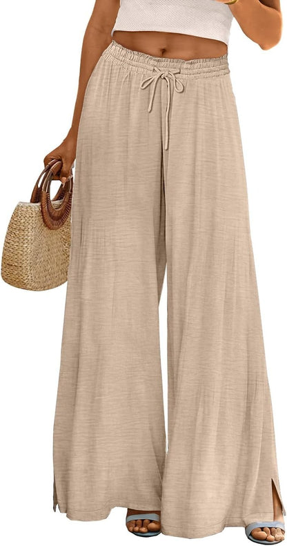 Women Summer Flowy Wide Leg Pants Drawstring Elastic Waist Casual Lounge Beach Palazzo Trouser with Pockets