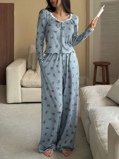 Women's Bow Print Long-Sleeve Lounge Pajama Set