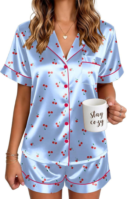 🔥Women's Silk Pajamas for Women Short Sleeve Button Down Sleepwear